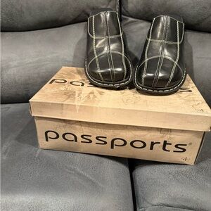 Passport Black Leather Mules with Contrast Stitching